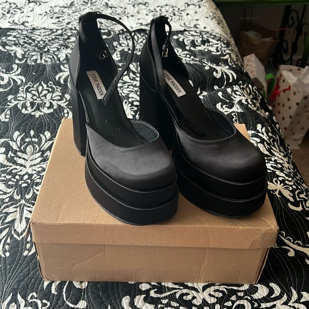 Steve Madden Charlize Black Satin Platform Heels